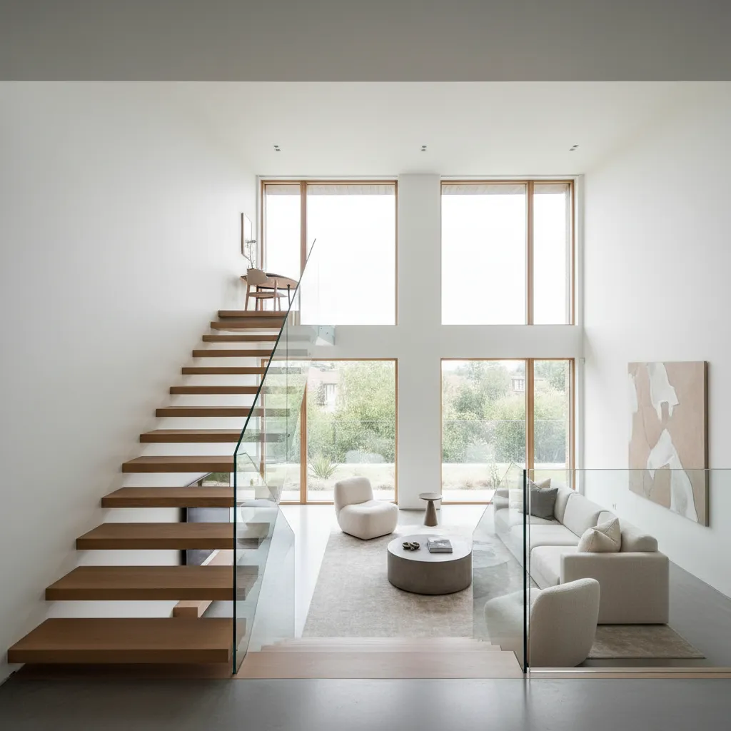 Modern living room with white sofa wooden stairs glass railing large windows and natural light
