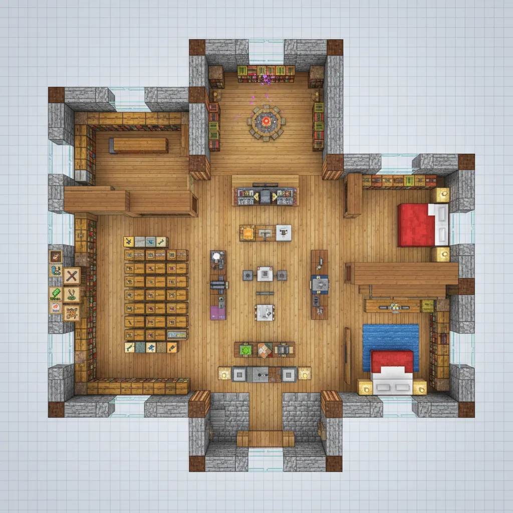 Cross shaped Minecraft house room layout with storage chests bookshelves and two colorful bed areas