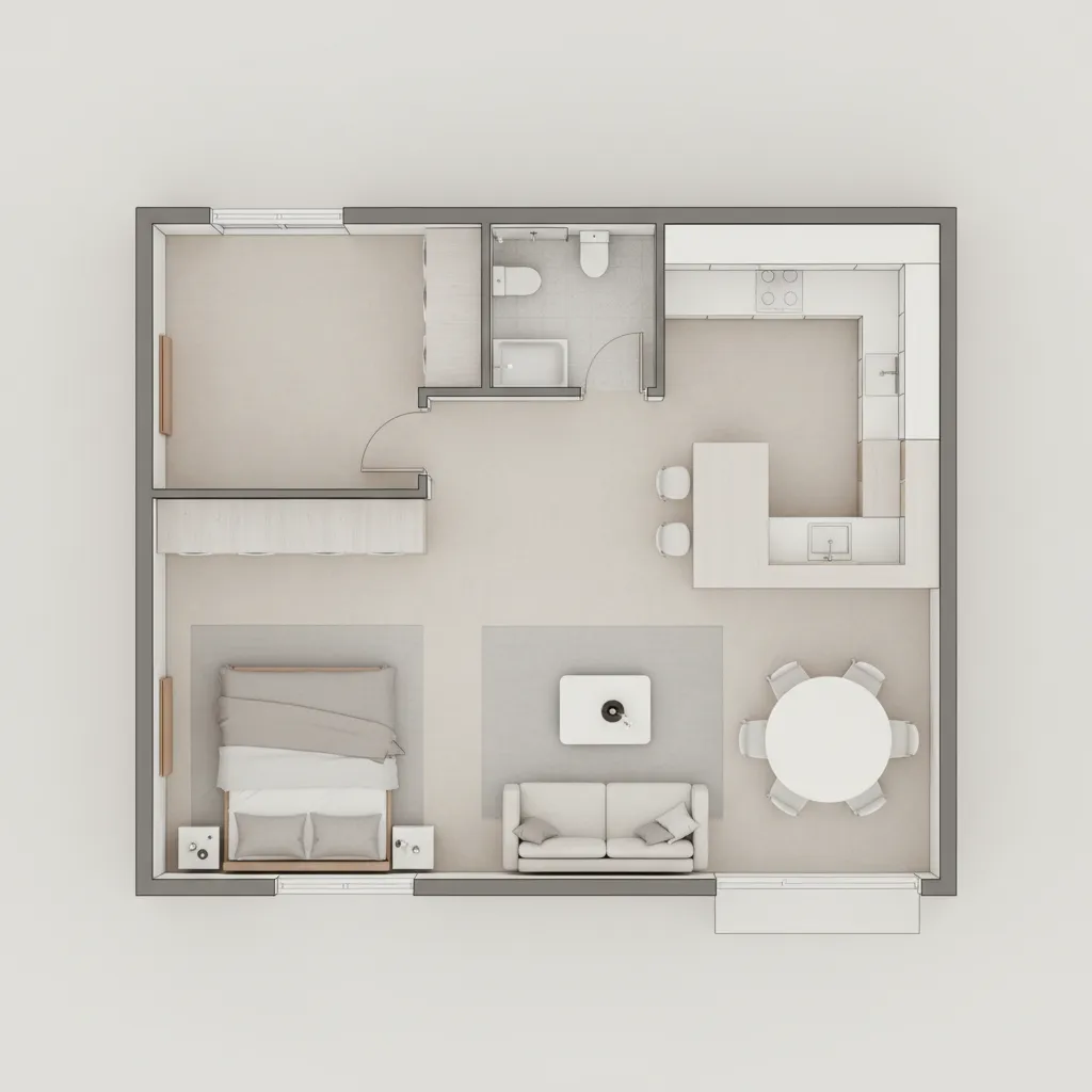 One bedroom apartment interior design drawing with living room kitchen dining and small private bathroom