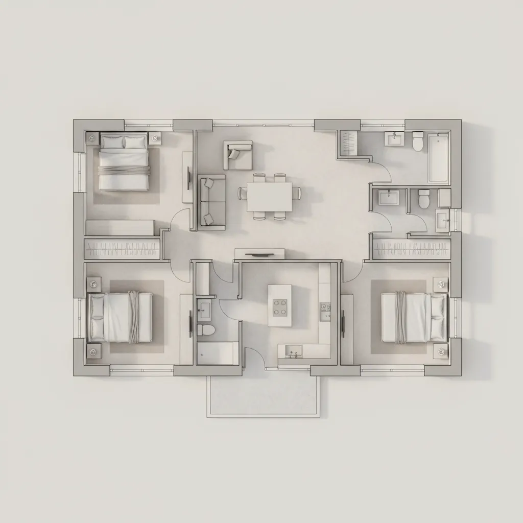 Interior design drawing of a three bedroom house layout with furniture and two bathrooms top view