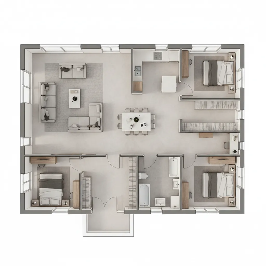 Interior design drawing showing a three bedroom house layout with living room and kitchen areas