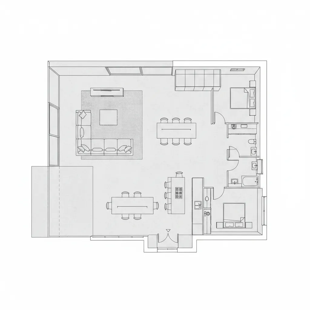 Simple black and white floor plan showing living room dining area kitchen bedrooms and bathrooms