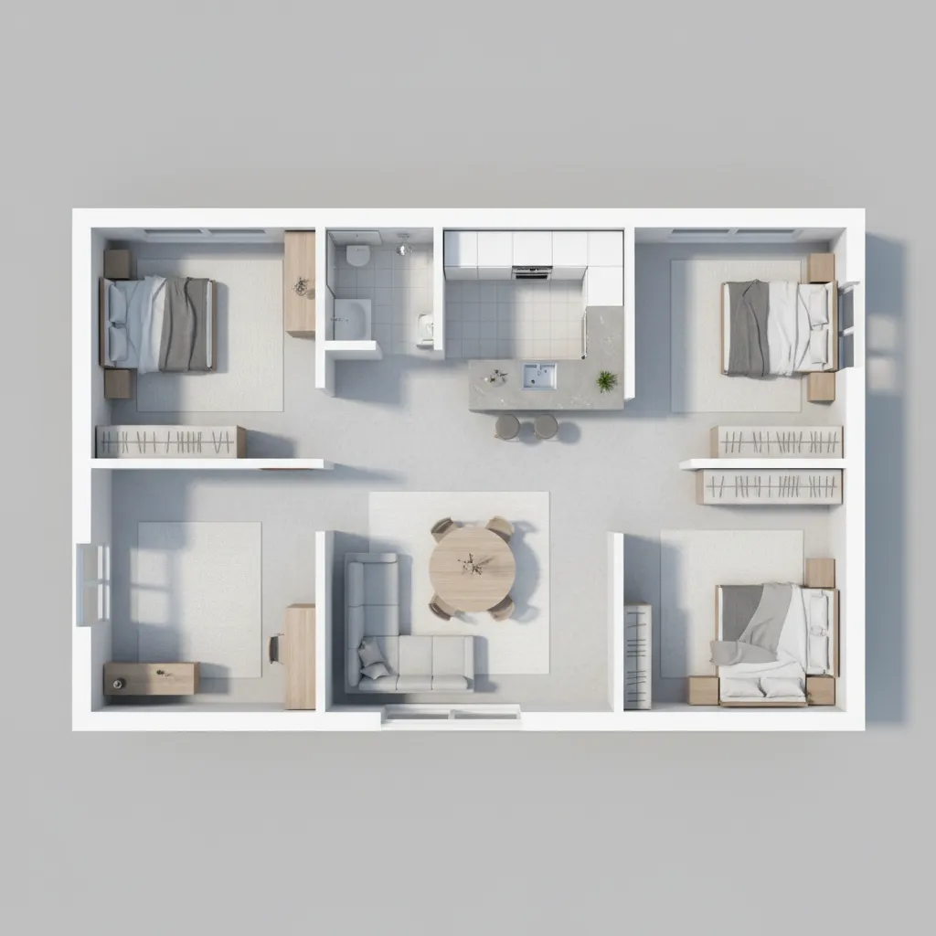 Three bedroom room layout with round dining table sofa and kitchen shown in interior drawing