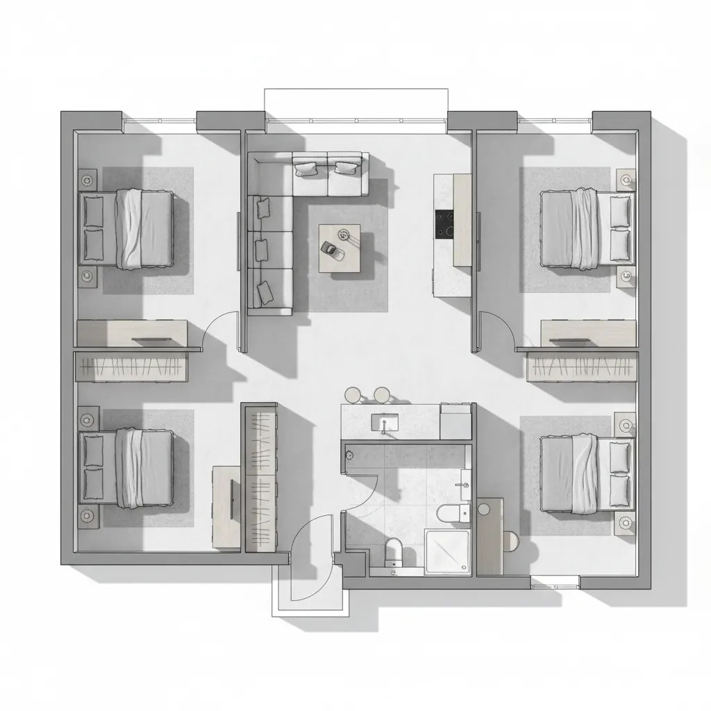 Minimalist floor plan with four bedrooms living room kitchen and bathroom in a simple layout