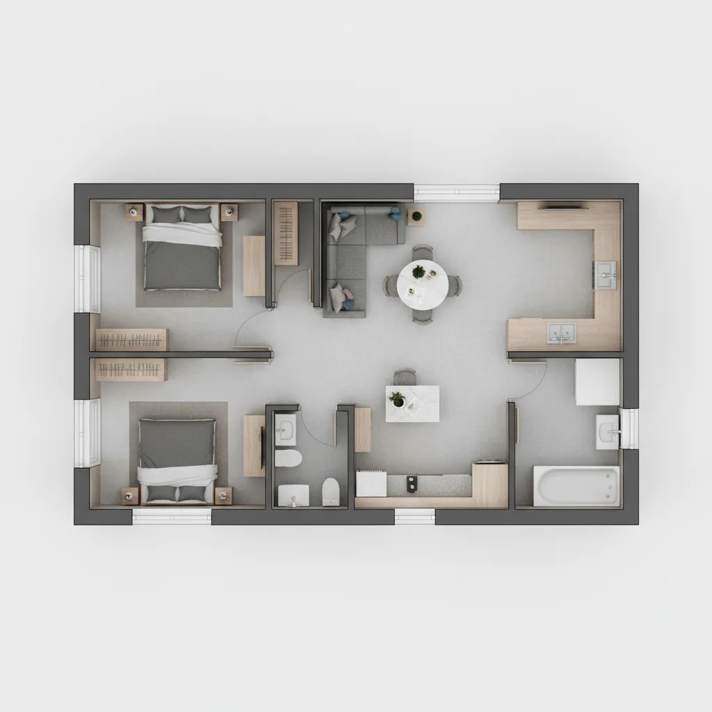 Interior design drawing of a house showing two bedrooms kitchen dining area and a bathroom