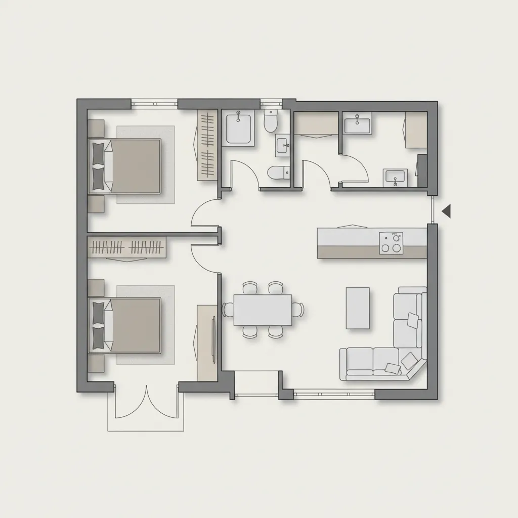 Modern 2D floor plan layout with two bedrooms two bathrooms kitchen and open living area