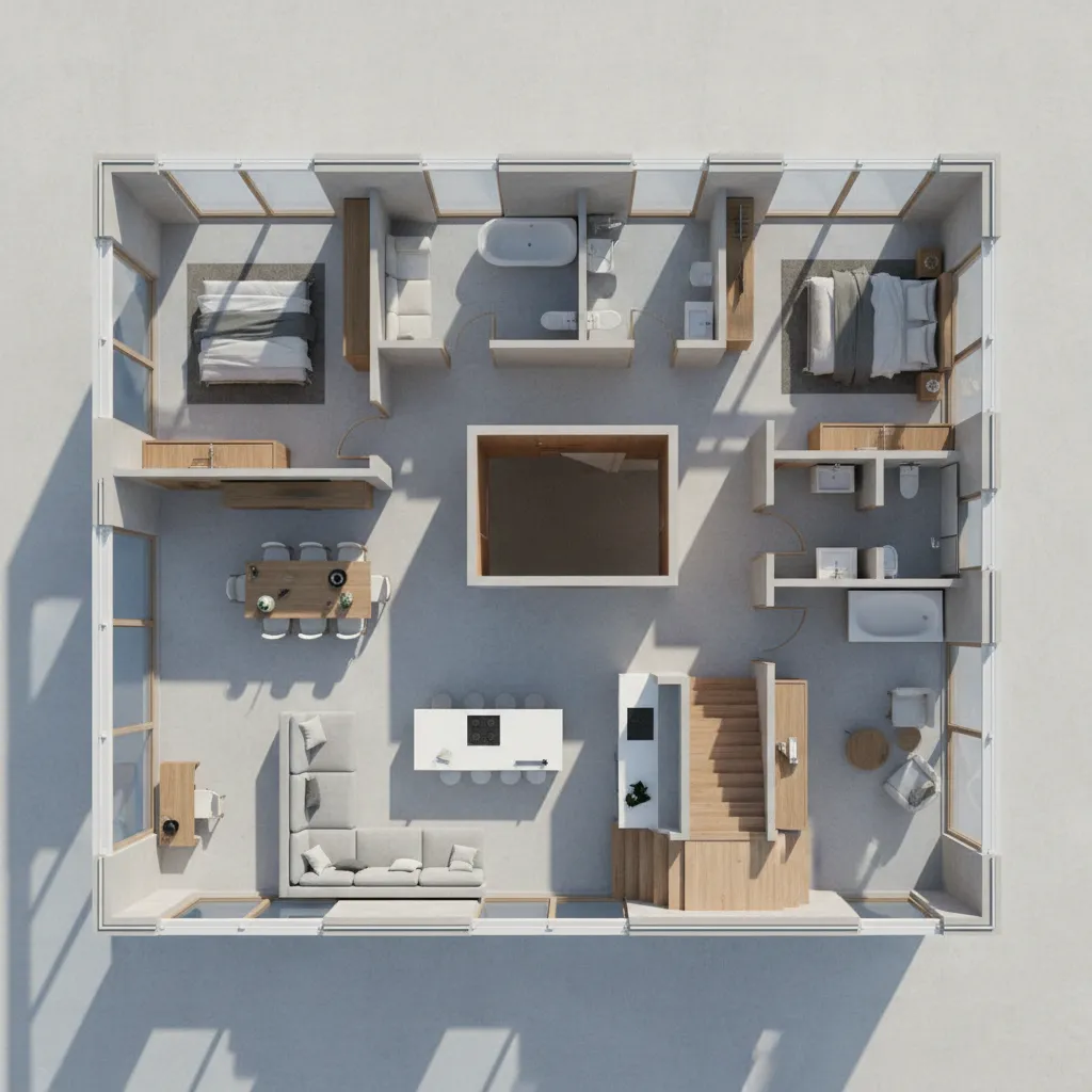 Modern interior design drawing showing house layout with furniture stairs and a central open garden