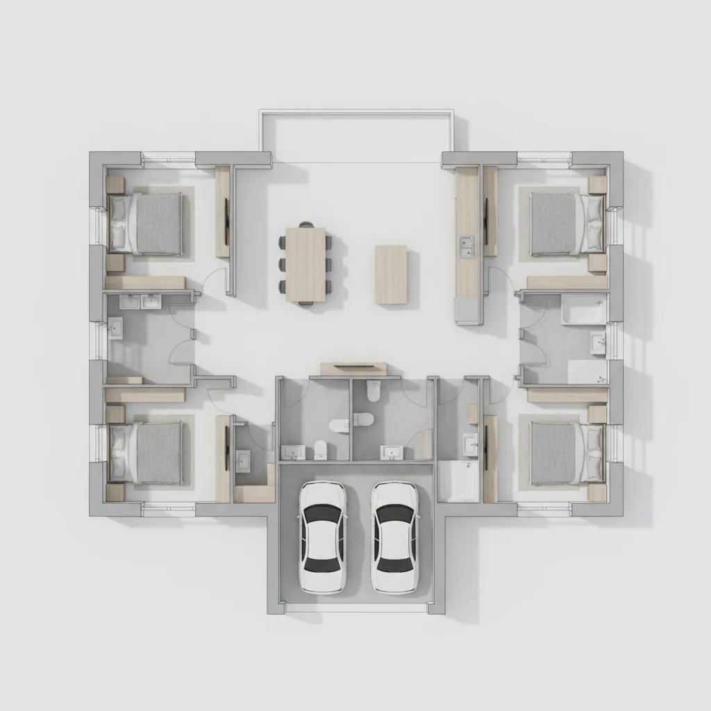 3D interior design drawing of large house with four bedrooms central dining area and garage