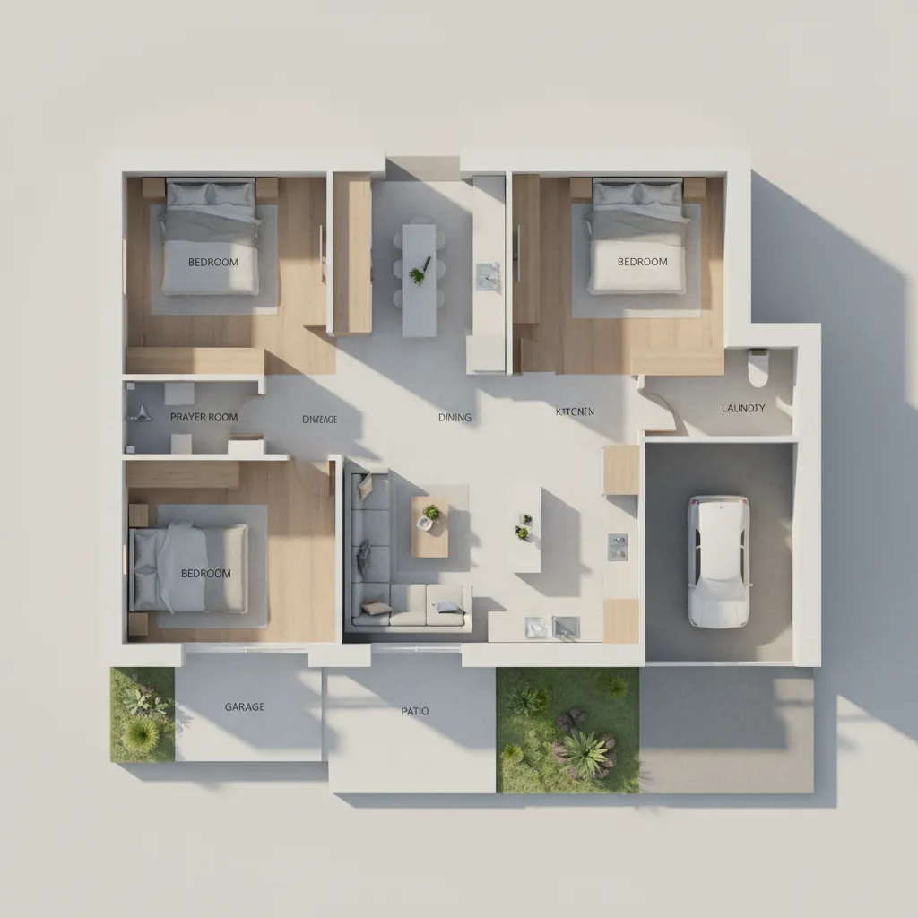 Denah Rumah Minimalis 3 Kamar Tidur 1 Mushola 1 Garasi