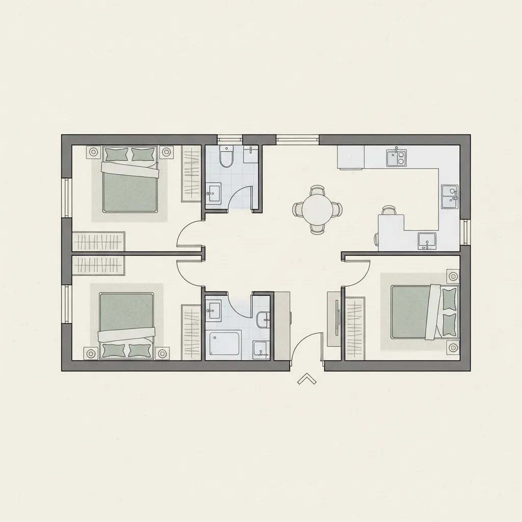 Simple 2D floor plan showing three bedrooms two bathrooms a dining area and a kitchen