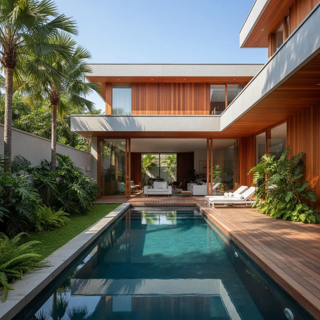 Modern home with wooden walls featuring a swimming pool surrounded by green plants and palms
