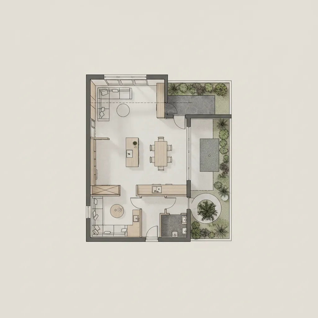 Denah rumah minimalis kompak dengan taman belakang