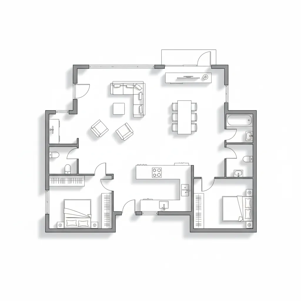 Modern 2D floor plan layout with two bedrooms a large living area and dining table