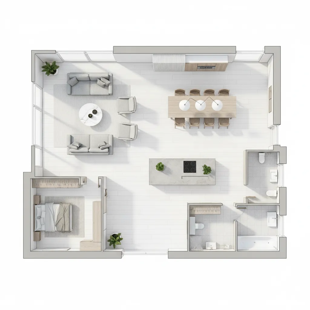 Modern interior design drawing showing living room gray sofa kitchen island dining table and bedroom