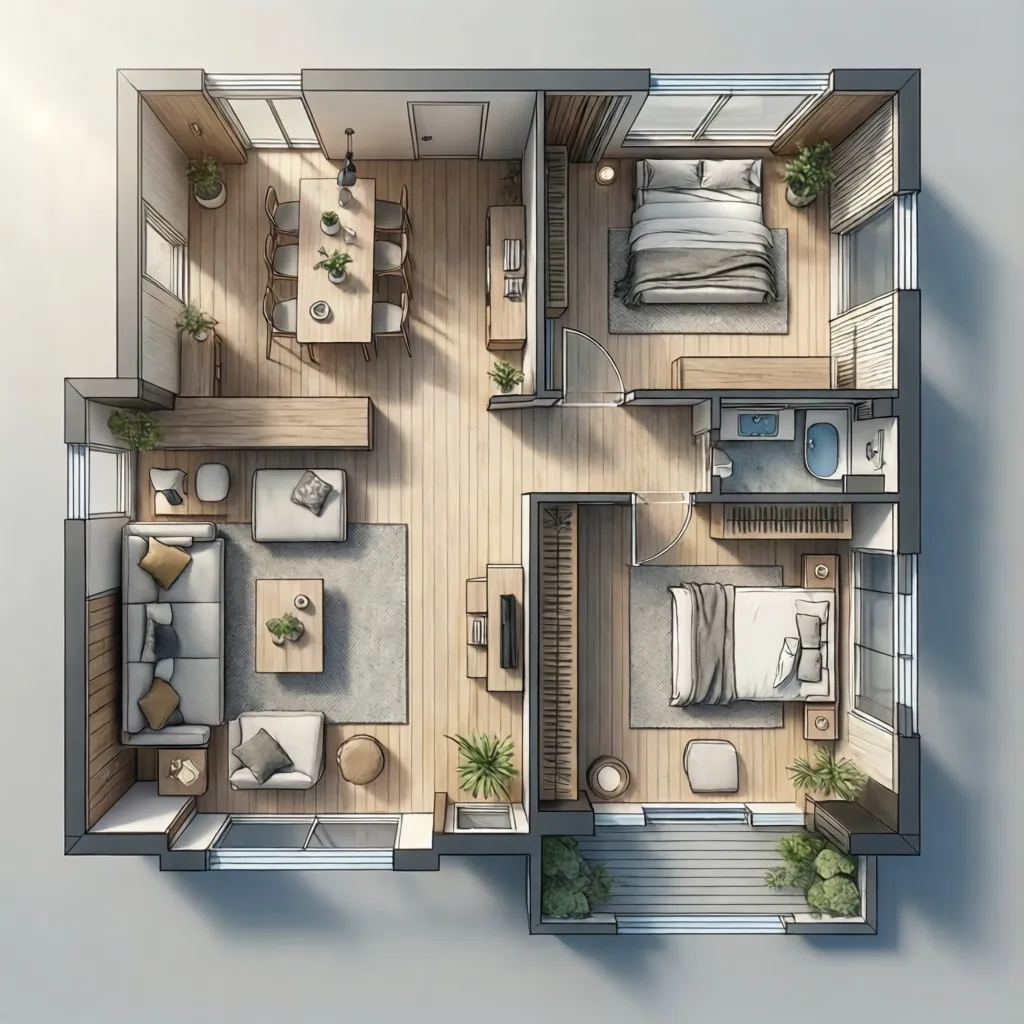 Modern 3D floor plan with two bedrooms living room dining area bathroom and wood floor