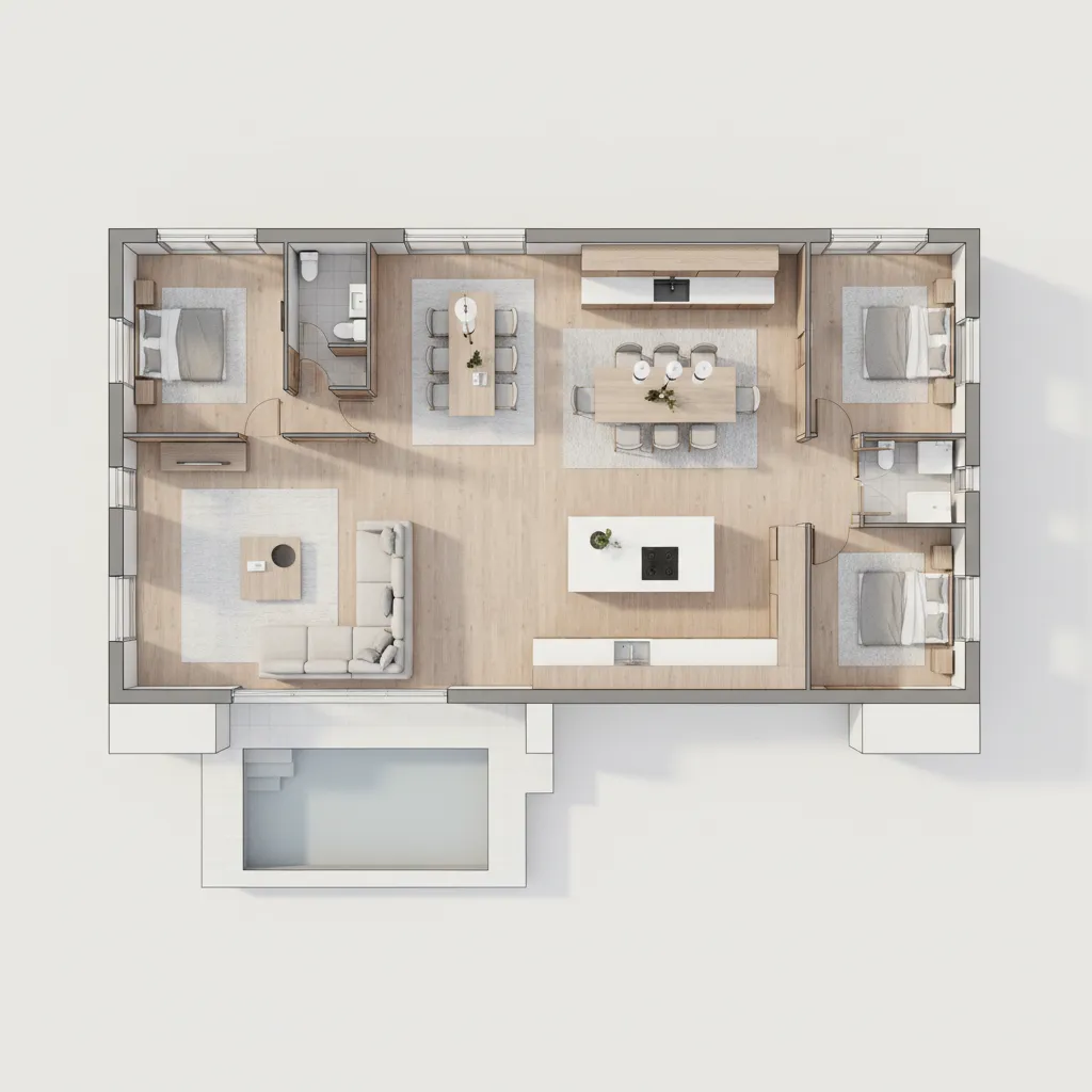 Interior design drawing of modern three bedroom house with wood floor living room and pool