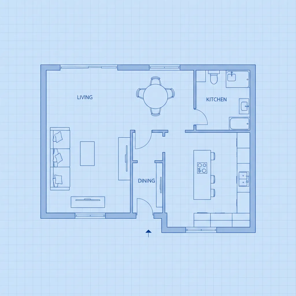 Interior design drawing of open plan house with living room dining area kitchen and bathroom