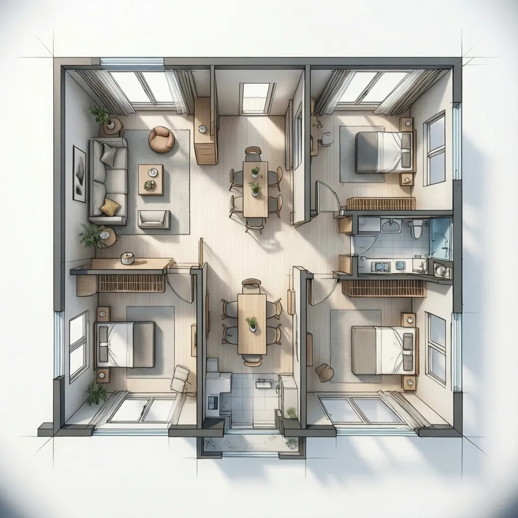 Interior design drawing of a three bedroom apartment featuring dining table sofa and wood floors