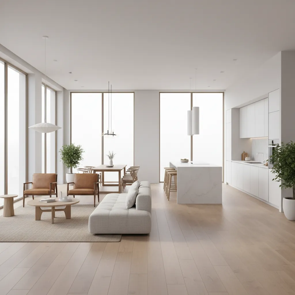 Modern open plan living room and white kitchen with sofa, wood floor, and natural light