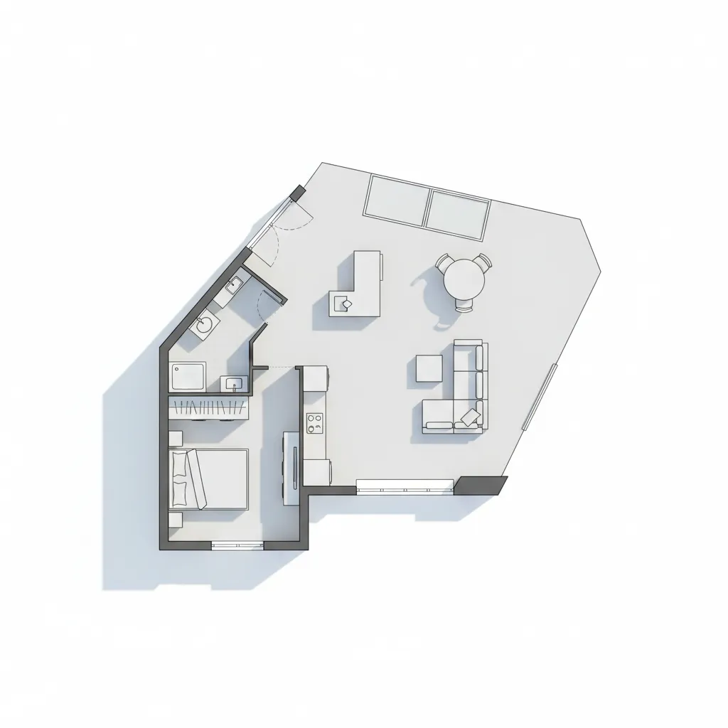 Irregular room layout drawing with one bedroom and open space for living and kitchen areas