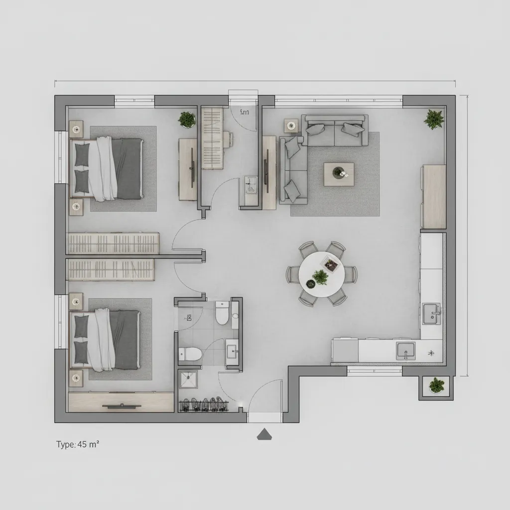 Minimalist house floor plan design featuring two bedrooms, living area, kitchen, dining table, and bathroom