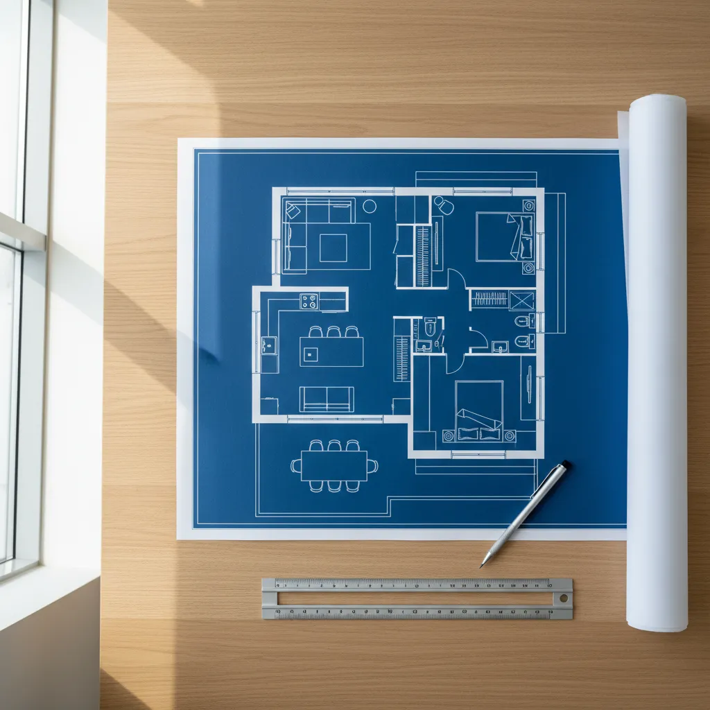 Blue interior design drawing on wood desk with pen ruler and paper roll by window