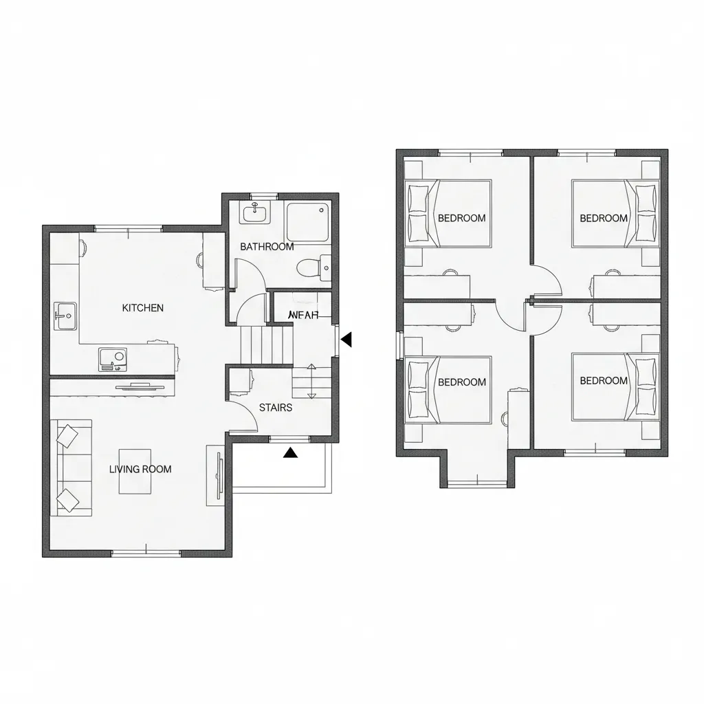 Ilustrasi denah rumah dua lantai dengan ruang tamu dapur dan kamar tidur