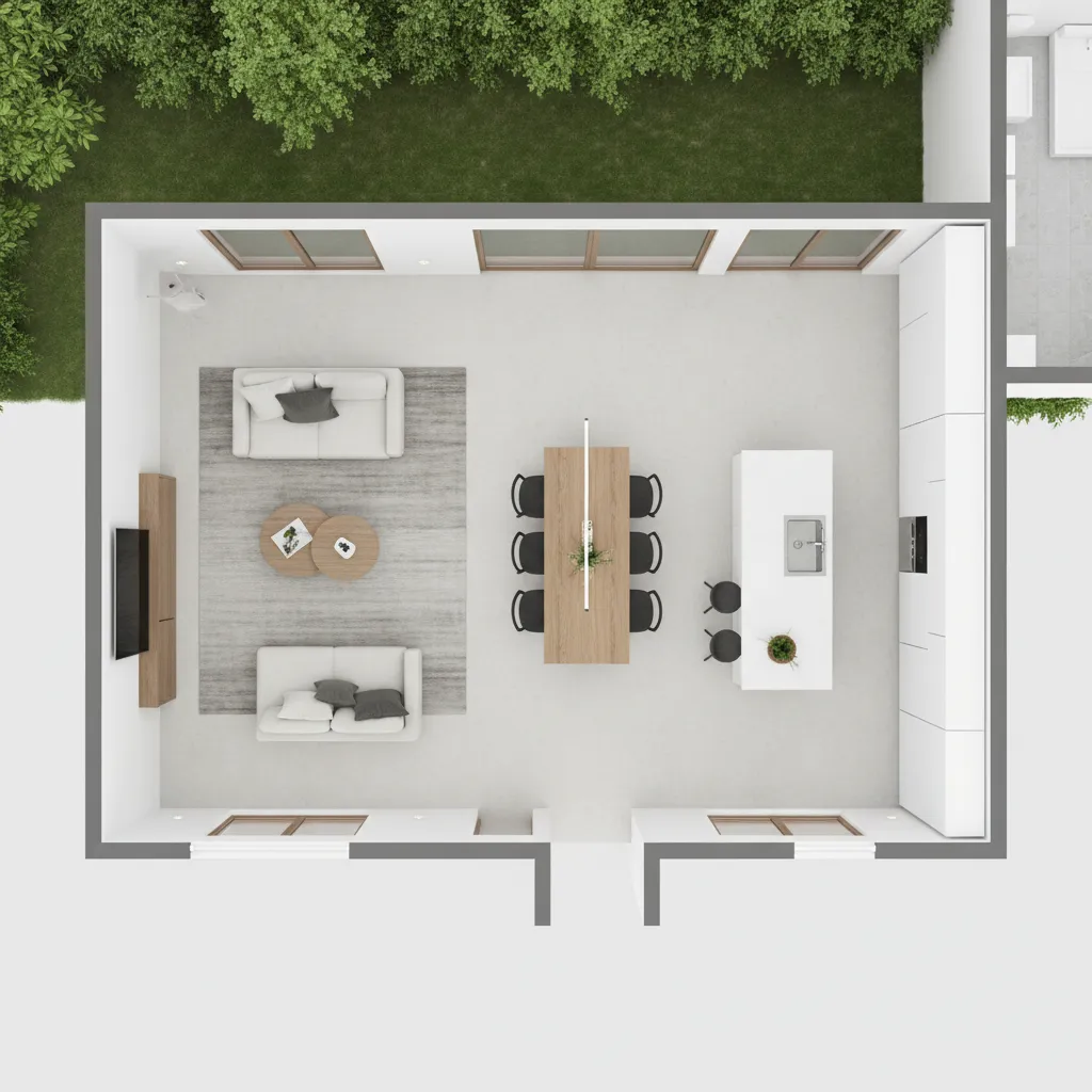 Denah rumah minimalis konsep ruang terbuka