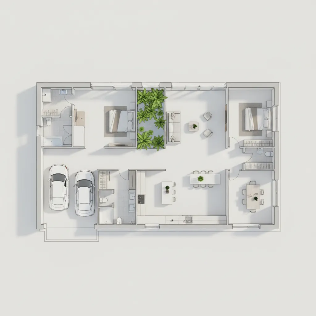 Denah rumah dengan inner courtyard untuk pencahayaan alami