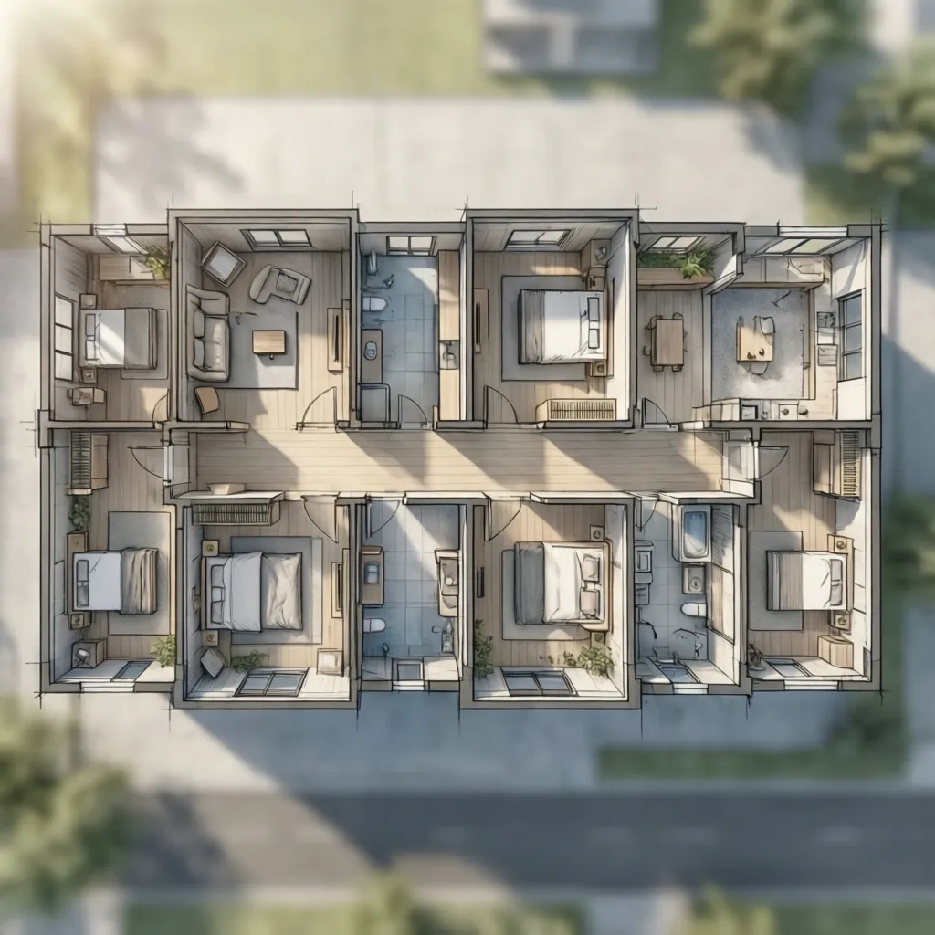 Interior design drawing showing a multi room floor plan with several bedrooms and central hallway