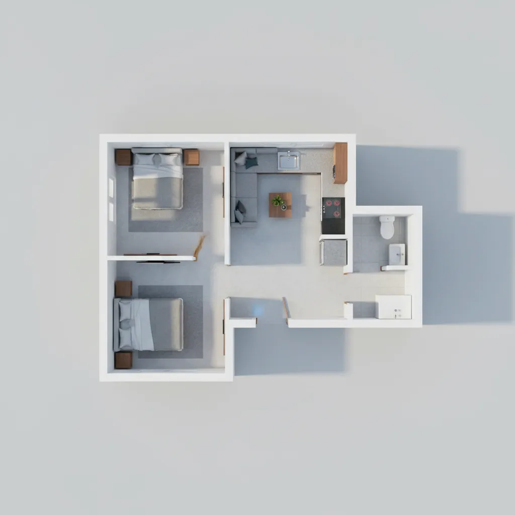 Modern 3D interior design drawing showing two bedrooms living room kitchen and a single bathroom