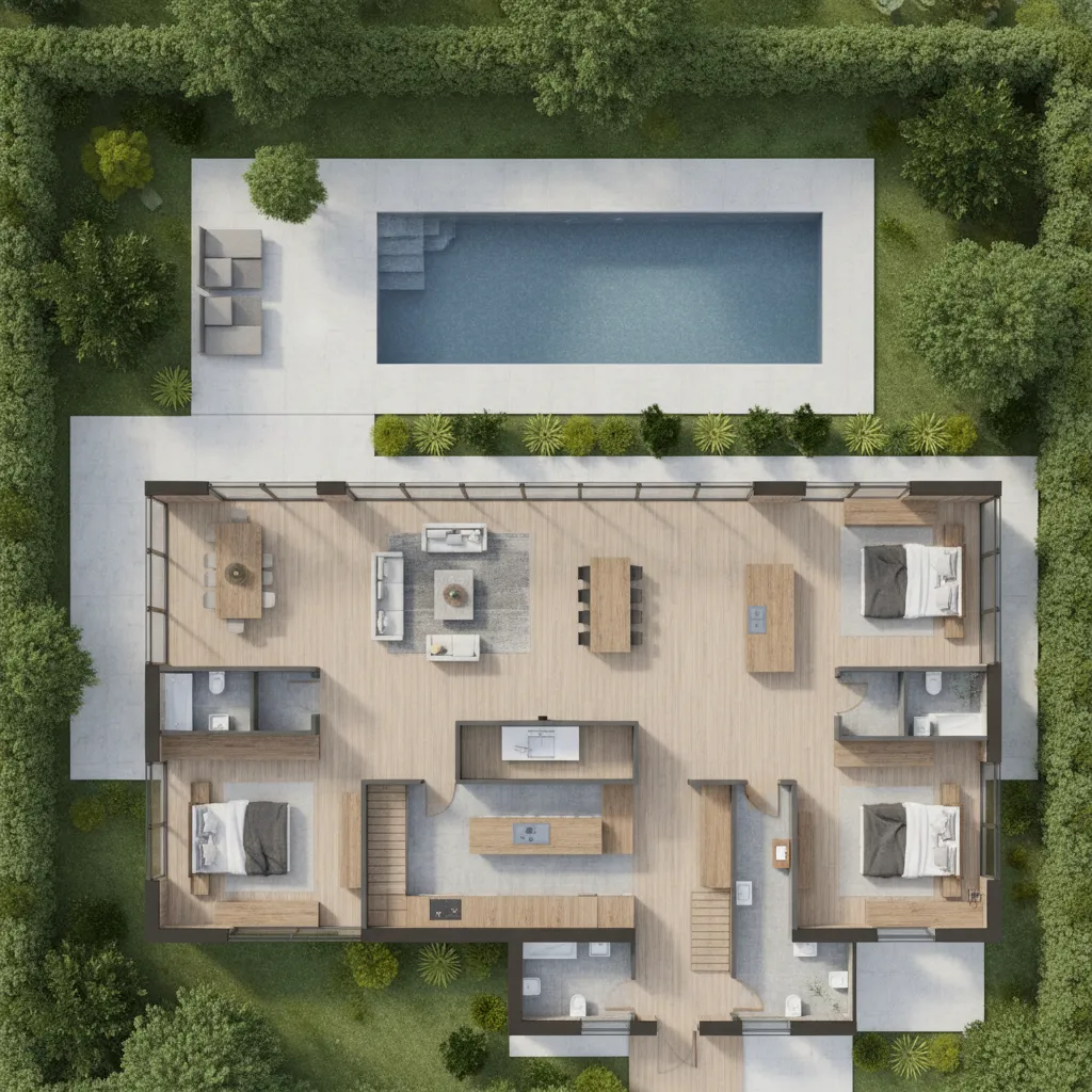 Aerial floor plan with swimming pool outdoor garden three bedrooms and modern light wood floor