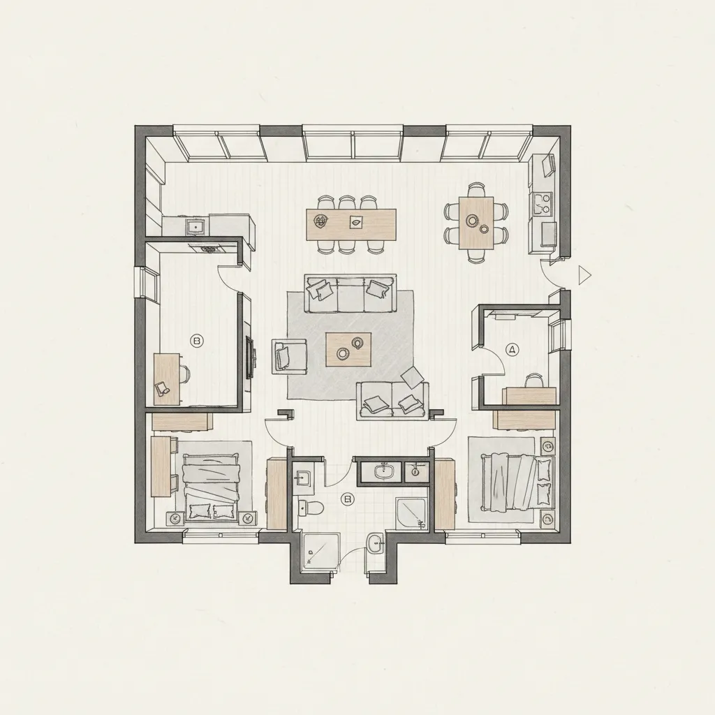 Hand drawn interior design drawing showing a two bedroom home with large central living area