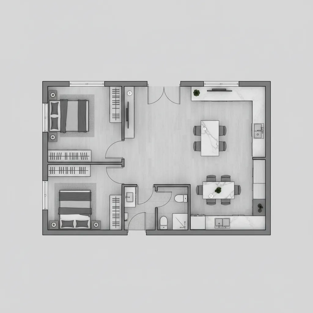 Denah rumah kecil dengan ruang tamu kamar dapur dan kamar mandi