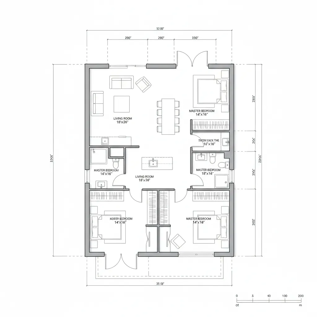 Detailed room layout drawing showing four bedrooms, living room, dining area, and multiple bathroom layouts