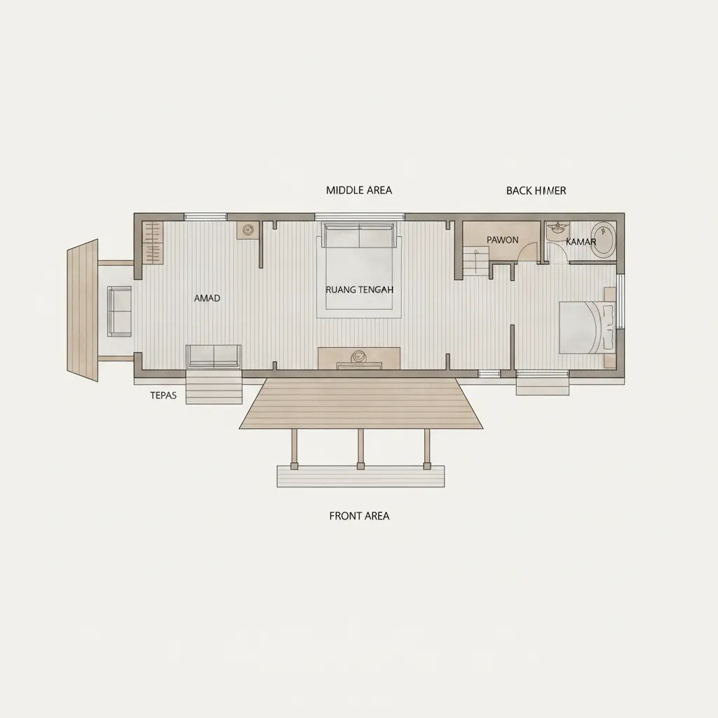 Diagram zonasi ruang rumah Sunda bagian depan tengah belakang