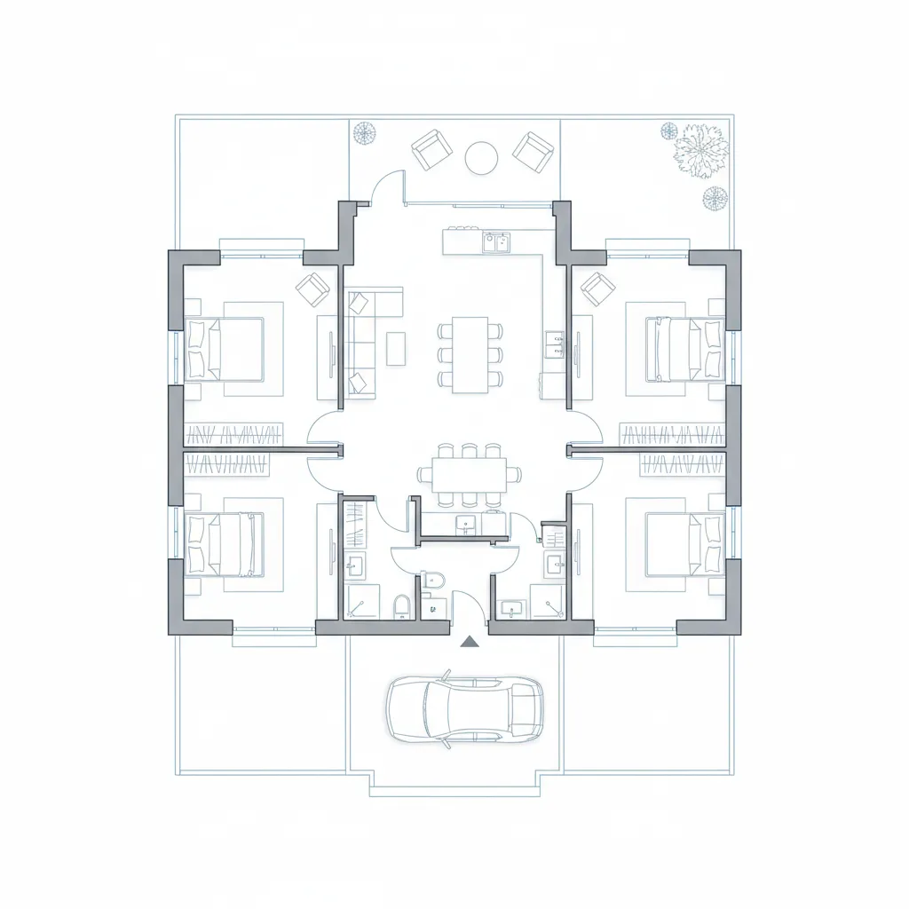 Top view 2D house floor plan layout with four bedrooms kitchen dining area and car