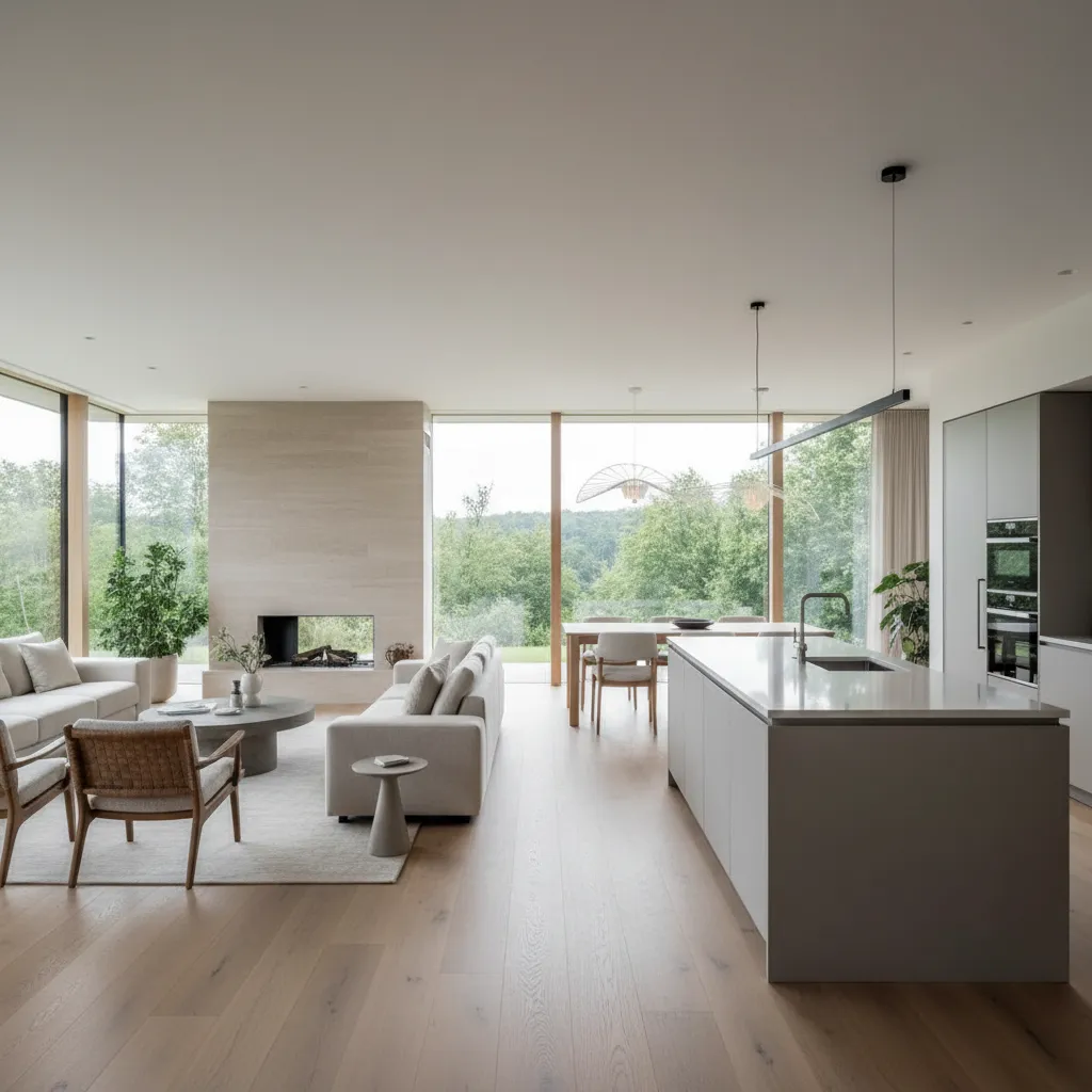 Spacious open plan living area with kitchen island dining table fireplace sofa and large windows