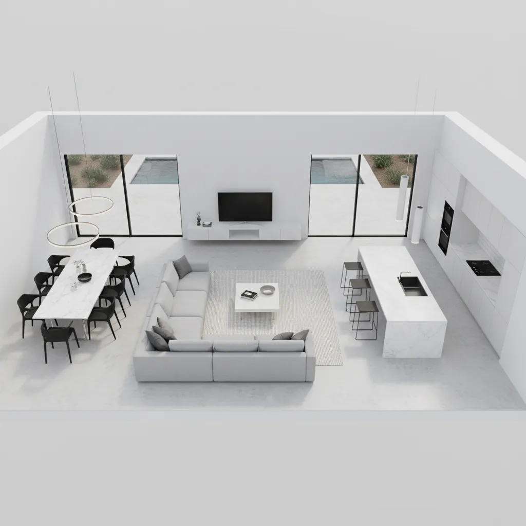 Interior design drawing of open plan home with grey sofa marble dining table and kitchen