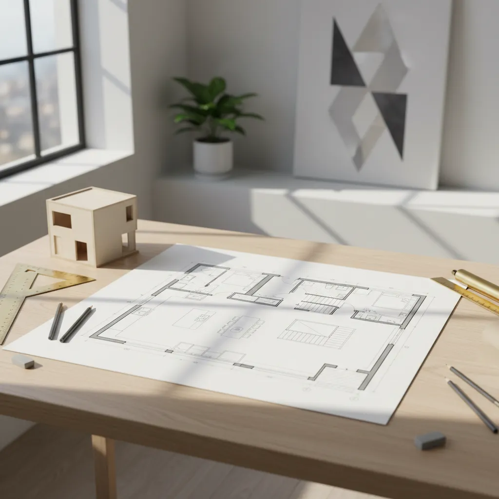 Detailed house floor plan on wooden desk with small model, ruler, pencils, eraser, and plant