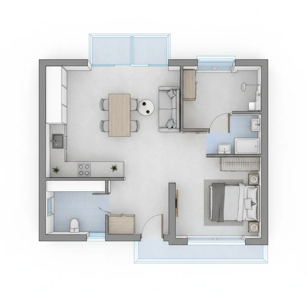 Top view interior design drawing of apartment with kitchen dining living room bedroom and bathroom
