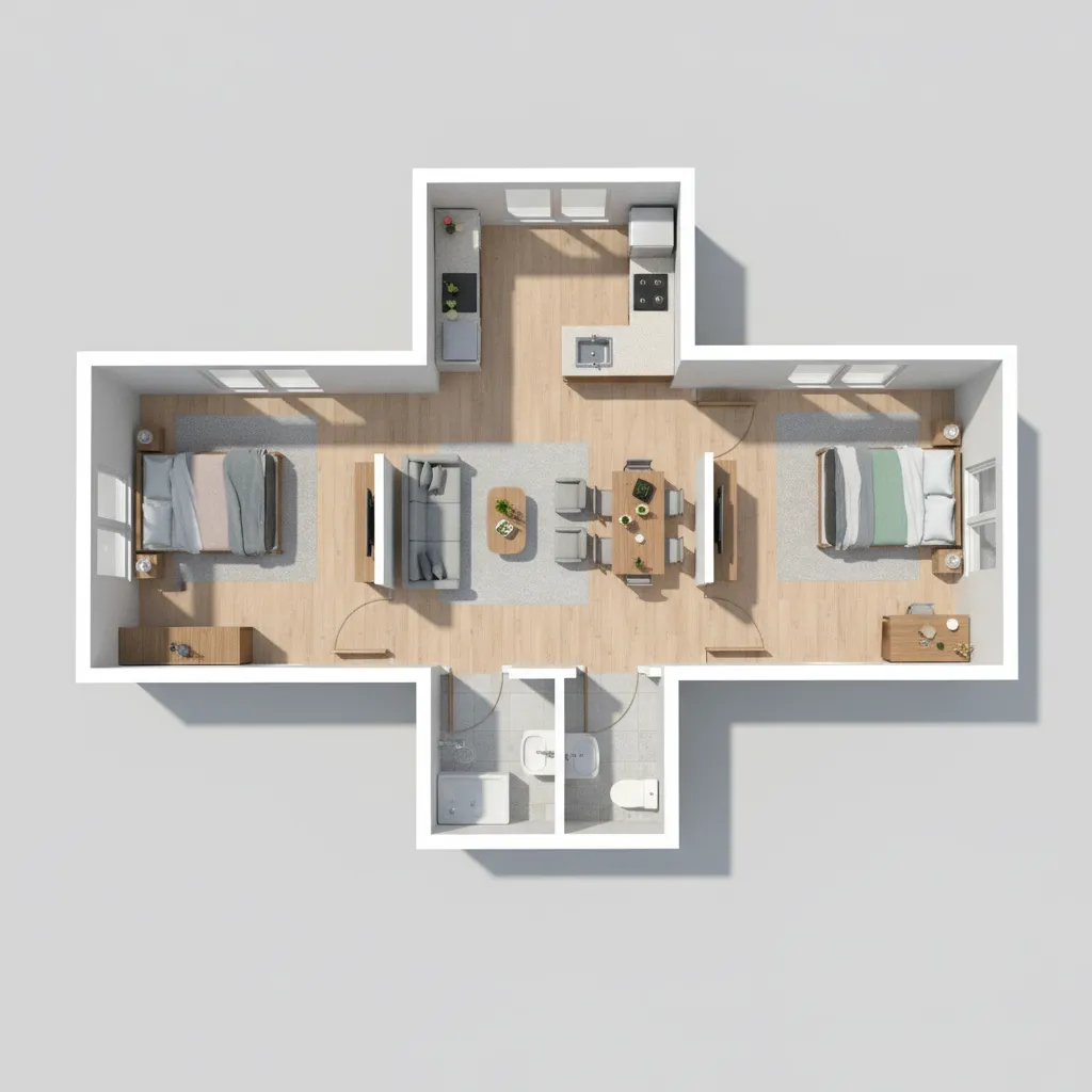 3D interior design drawing showing room layout with two bedrooms kitchen bathroom and living room