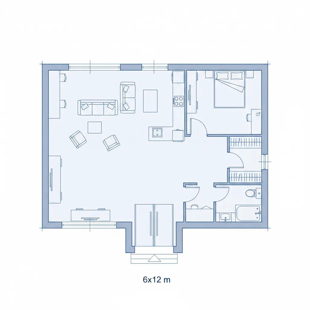 Coohom 2D house layout design showing living room kitchen bedroom and bathroom in blue lines