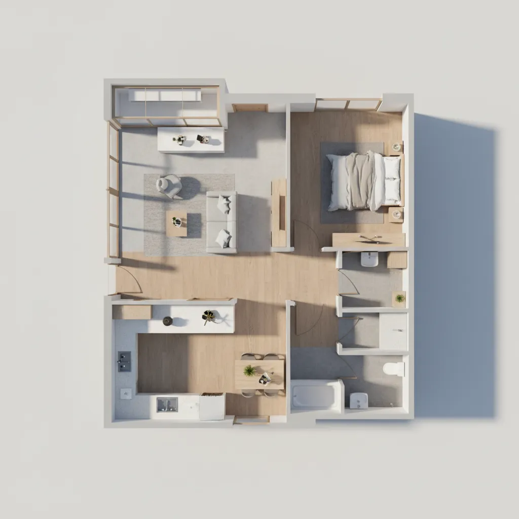 Top down 3D interior design drawing of apartment layout with wood floors and modern furniture