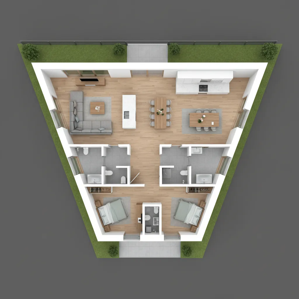 Visualisasi denah rumah trapesium dalam tampilan 3D
