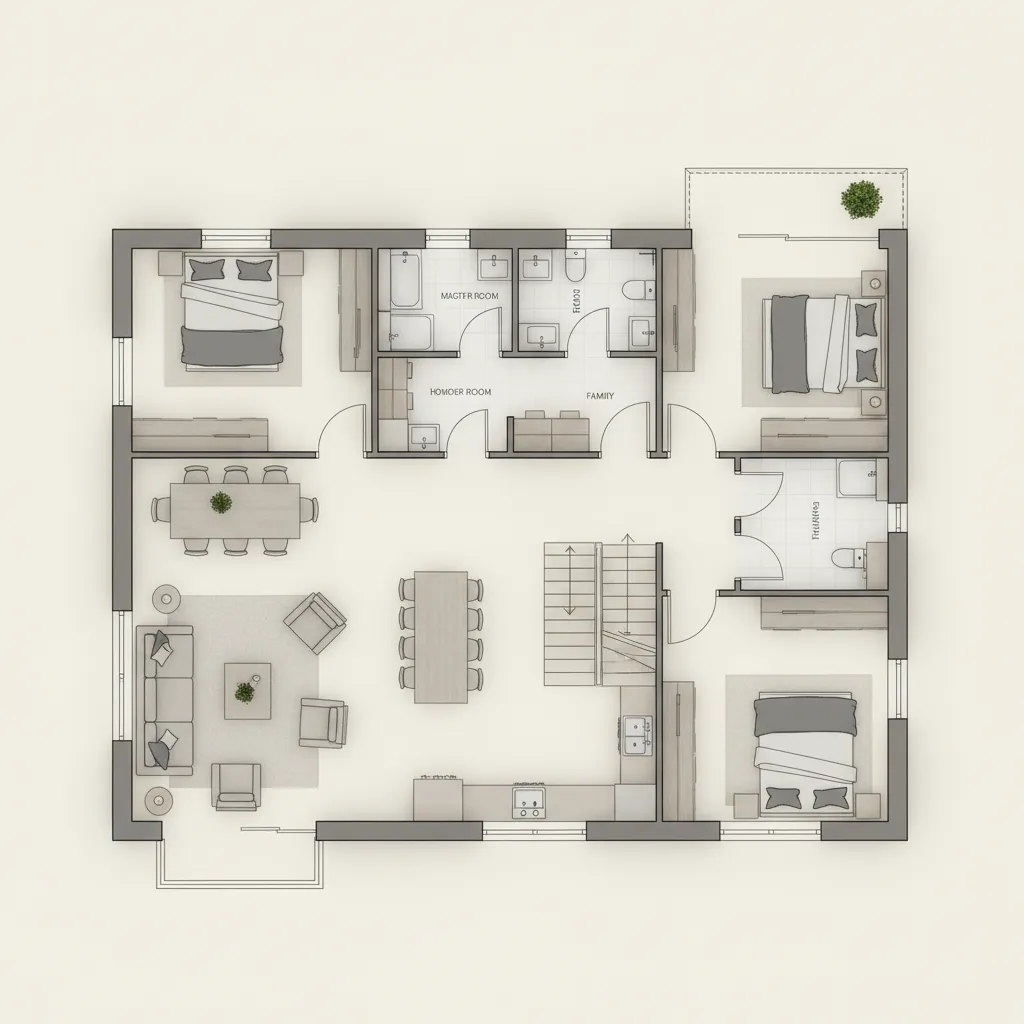 Modern floor plan showing three bedrooms living room dining area kitchen bathrooms and a staircase