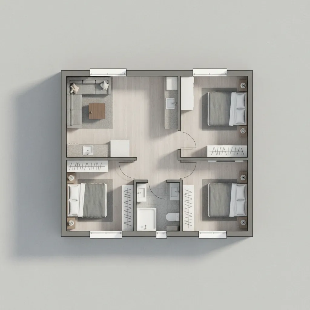 3D interior design drawing of a home layout featuring three bedrooms, living area, and bathroom