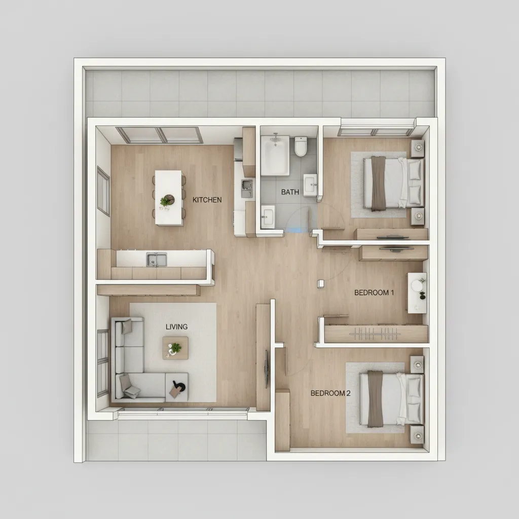 Modern apartment floor plan with two bedrooms kitchen bathroom living room and light brown floors