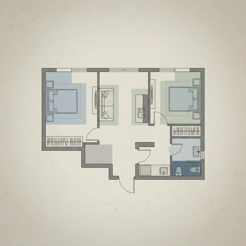 Detailed floor plan showing two bedrooms living room kitchen and bathroom in a compact room layout
