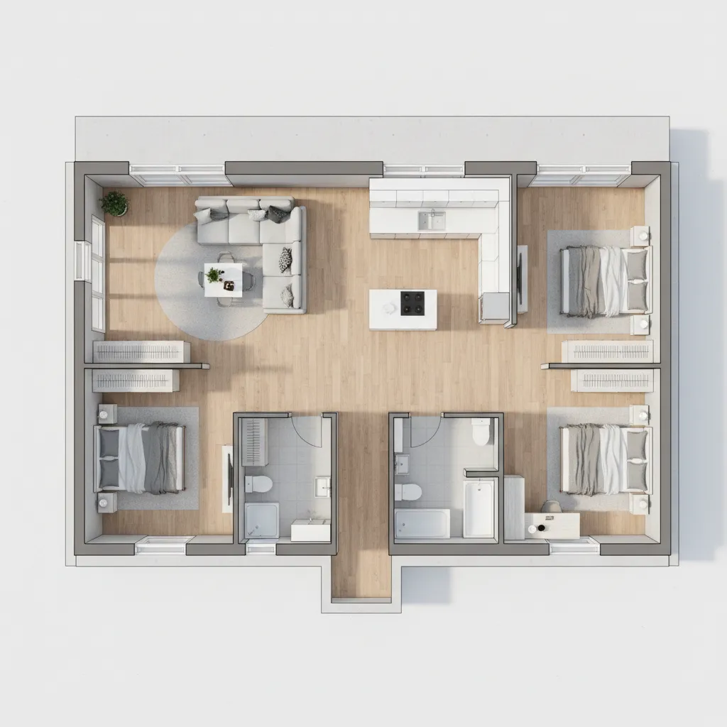 Top view interior design drawing of three bedrooms living room with sofa kitchen and flooring